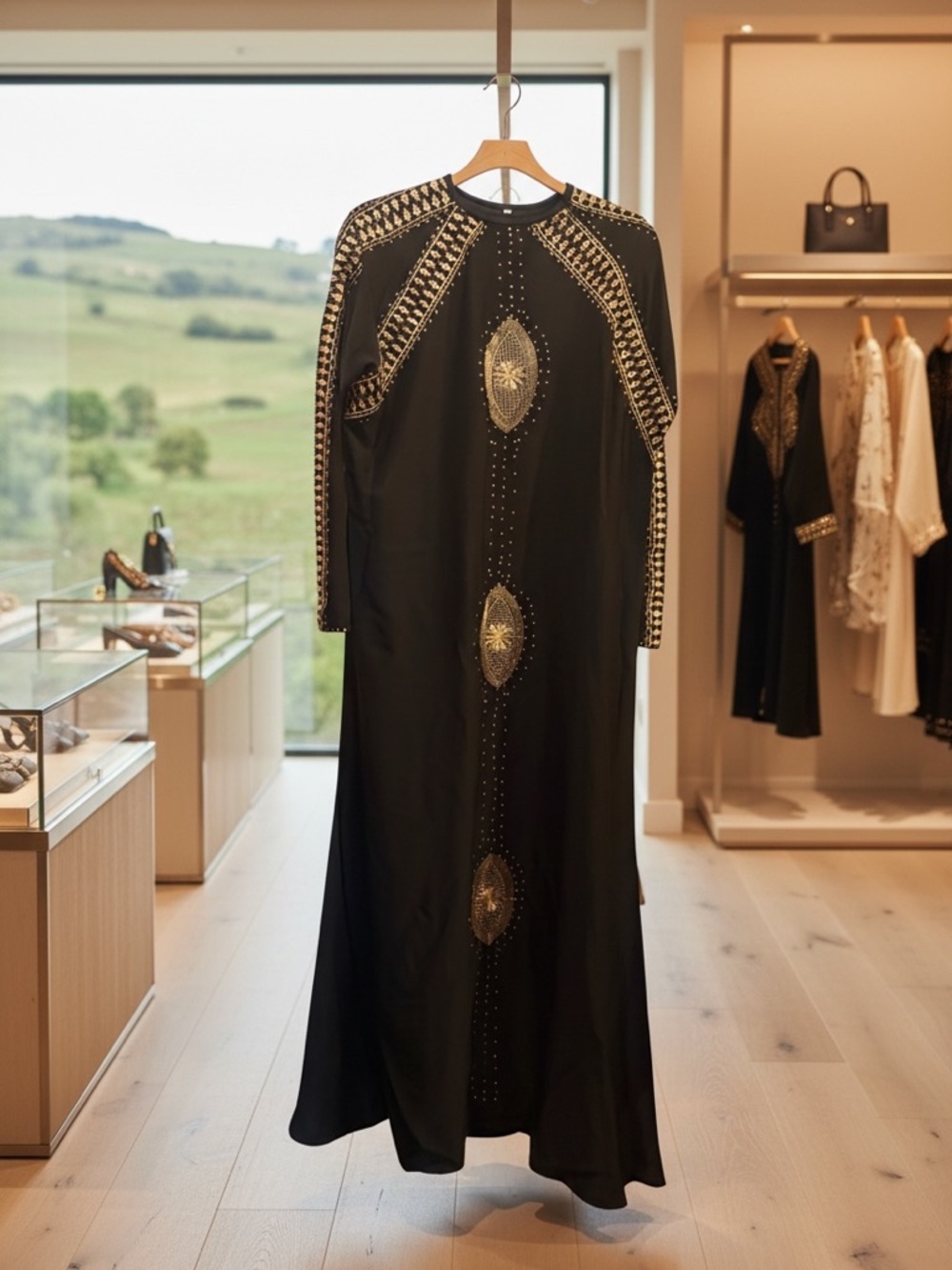 Embellished Black Maxi kaftan Dress Gold Accents rhinestone embroidery luxe